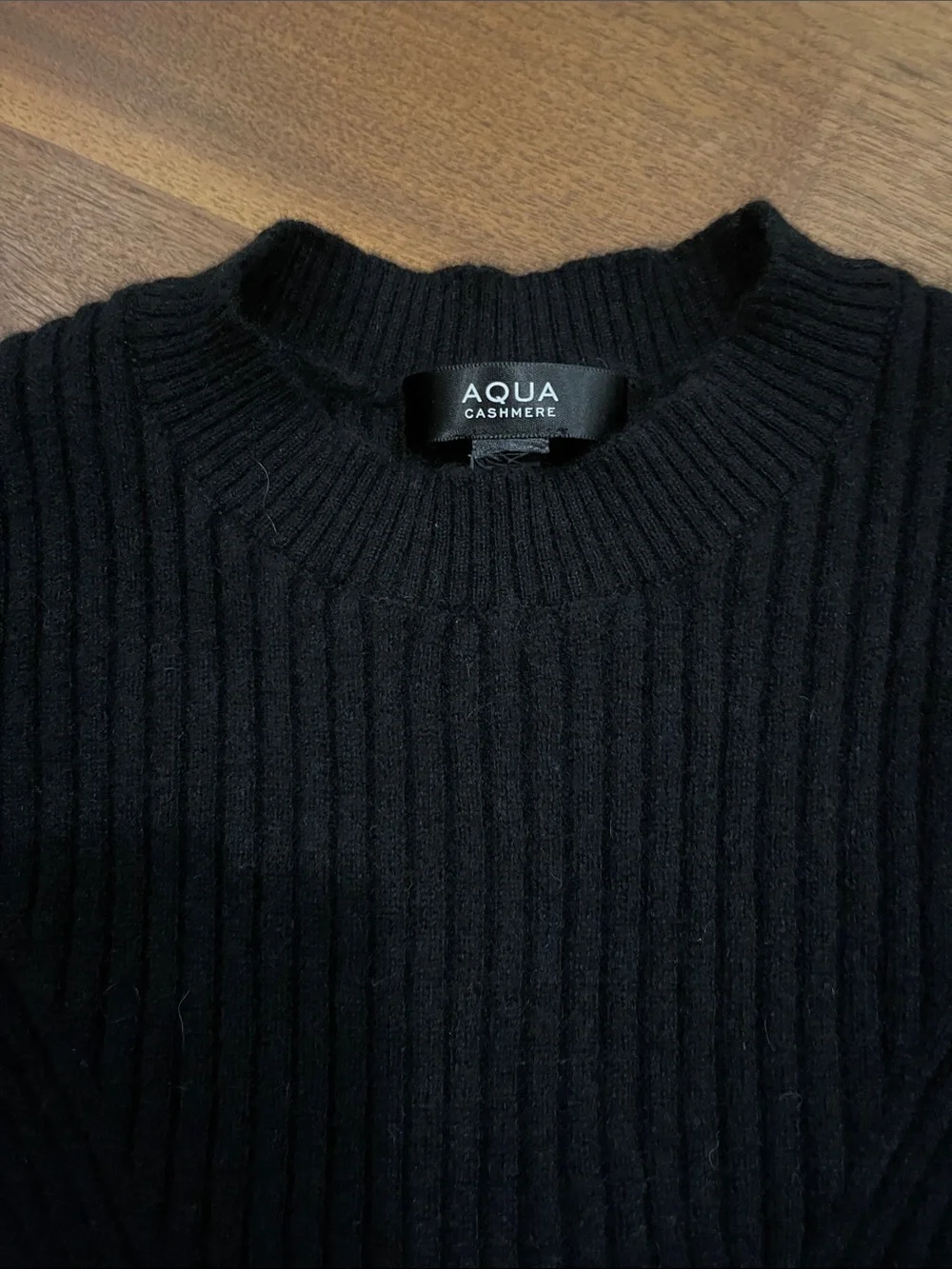 Aqua 100% Cashmere Contour Ribbed Mini Dress Long-Sleeve- Black